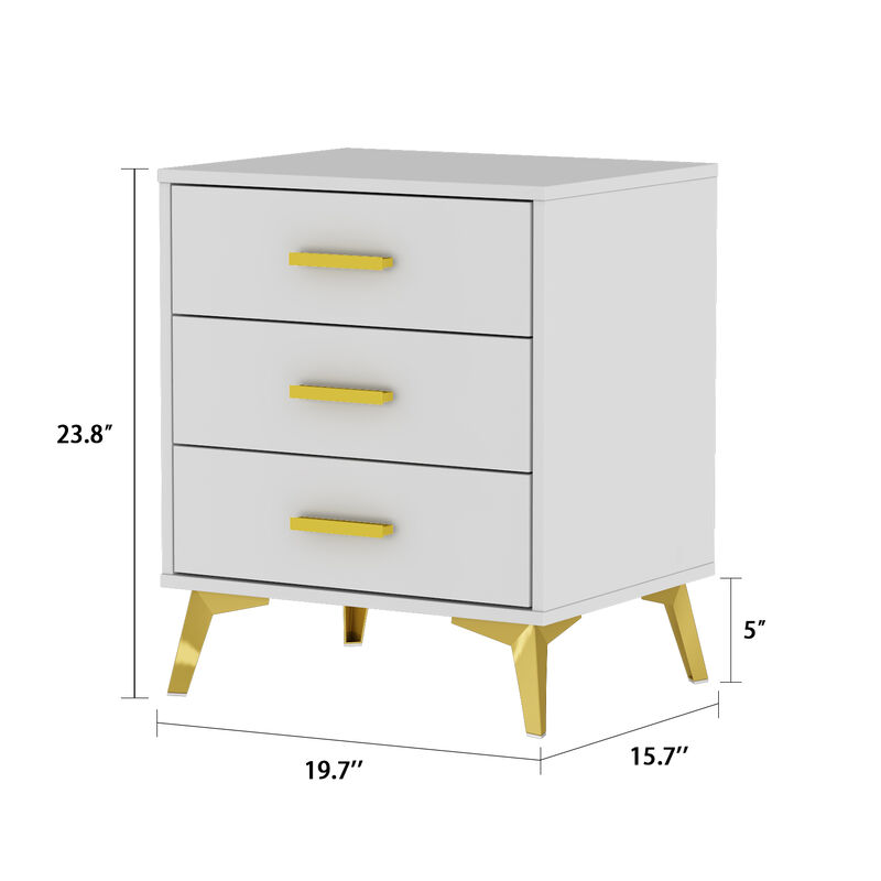 Modern Nightstand with 3 Storage Drawers & Gold Metal Legs, Minimalist and Versatile Bedside Table Sofa End Side Table, White (19.7" W x 15.7" D x 23.6" H)
