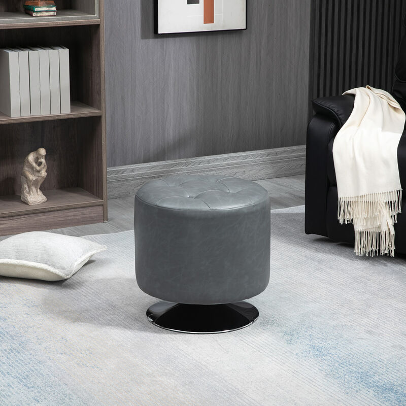 HOMCOM 360° Swivel Foot Stool Round PU Ottoman with Thick Sponge Padding and Solid Steel Base, Grey