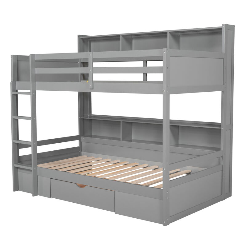 Whisen Twin Size Bunk Bed with Built-in Shelves Beside both Upper and Down Bed and Storage Drawer image number 9