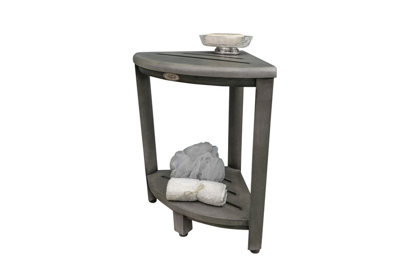 CoastalVogue SnazzyCorner 18"H Teak Wood Corner Shower Bench with Shelf in Antique Gray Finish