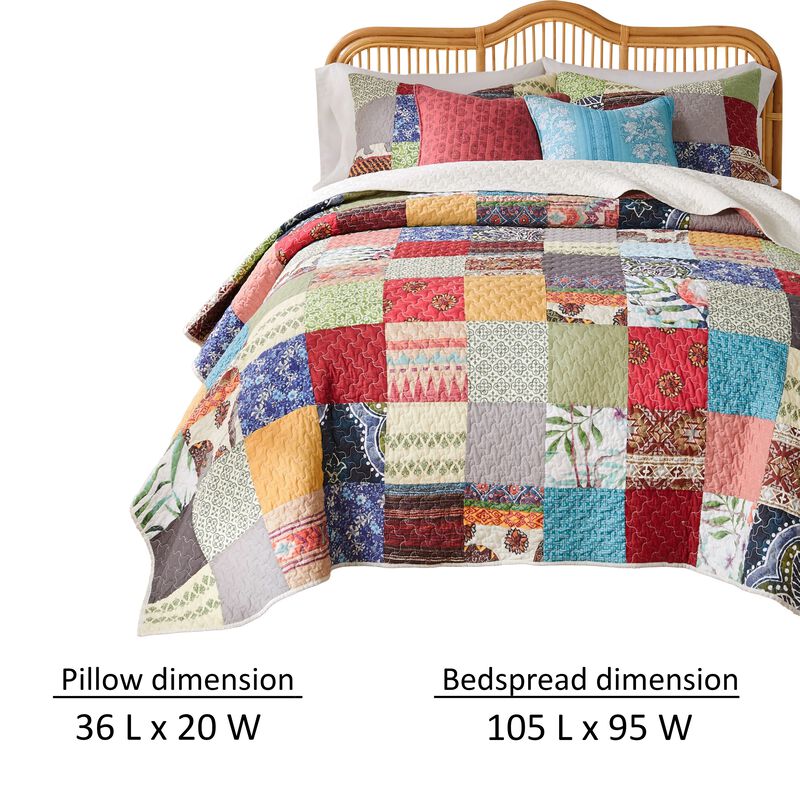 Lily 3pc King Quilt and Pillow Sham Set, Assorted Patchwork, Multicolor - Benzara