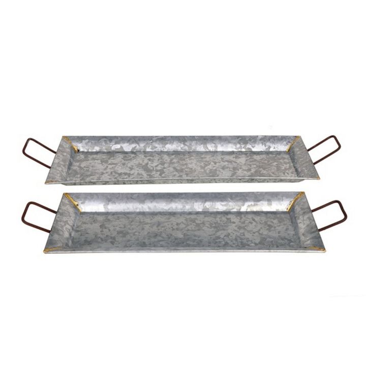Rectangular Shaped Metal Galvanized Trays, Set Of 2, Silver-Benzara