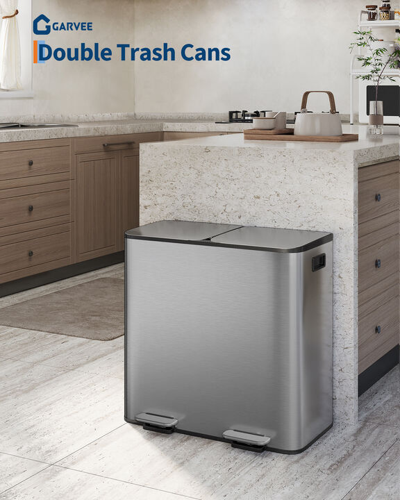 2&times;40L Dual Compartment Steel Step Trash Can, Soft Close Lid, Removable Inner Bucket, Odor Control Fingerprint Proof Recycling Bin
