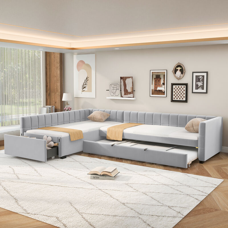 Merax L-Shaped Double Twin Upholstered Daybed with Trundle & Storage Drawer image number 3