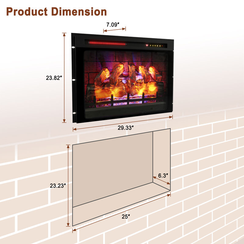 MONDAWE 28" Wall-Mounted Recessed Electric Fireplace 5120 BTU Heater with Remote Control Adjustable Flame Color & Heat Setting