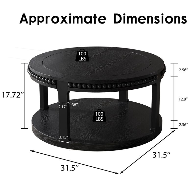 31.5" Rustic Solid Wood Round Coffee Table with 2-Tier Storage Shelf, Modern Farmhouse Accent Table for Living Room image number 4