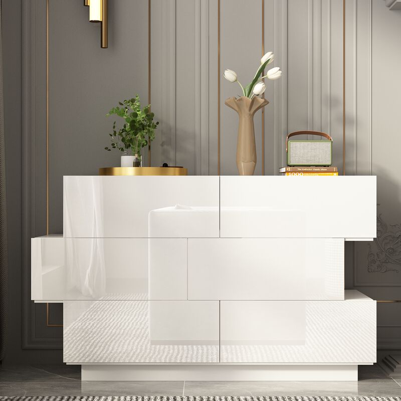 16.1 in. D x 30.7 in. H High Gloss White Wood 6-Drawer 45.3 in. W Chest of Drawers Storage Cabinet Modern Style