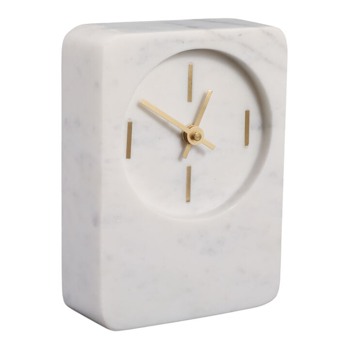 7x4" Marble Clock With Brass Details, White