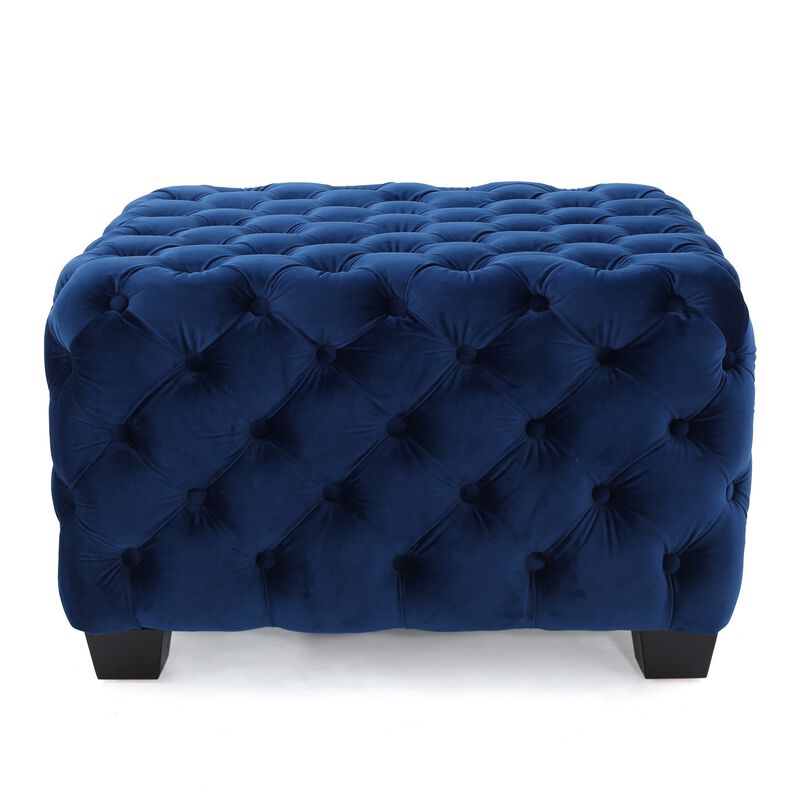 Ottoman, Modern Button Tufted, Navy Blue Velvet, 29 Inch Square Shape - Benzara