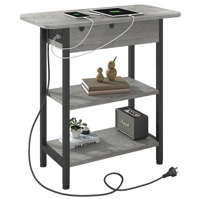 LIDYUK End Table with Charging Station, Flip Top Side Table with USB Ports and Outlets, Nightstand for Small Spaces, Bedside Tab