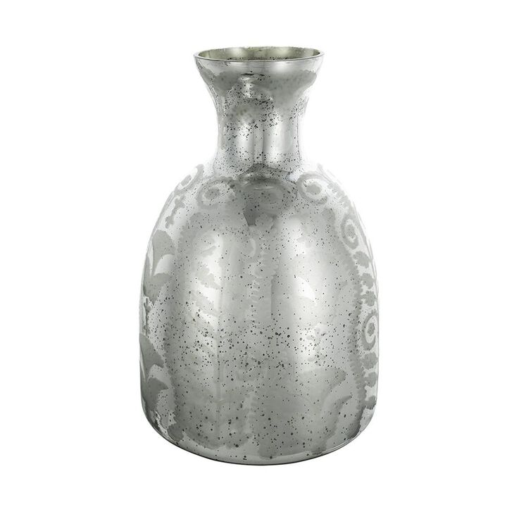 HomeRoots 18" Antiqued Silver Floral Glass Table Vase