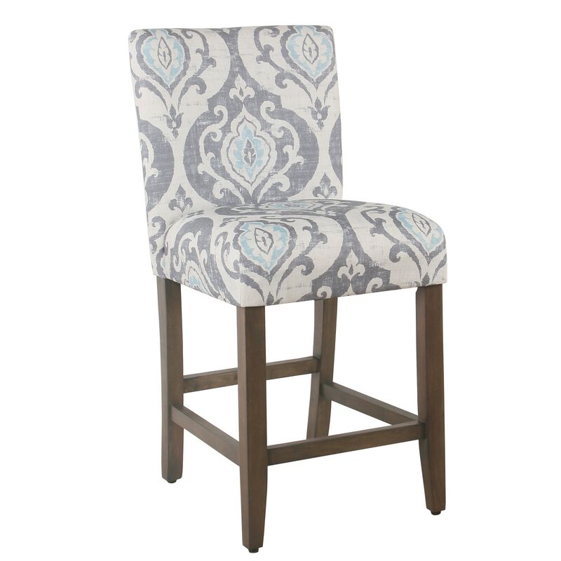 Wooden Counter Height Stool with Damask Pattern Fabric Upholstery, Gray and Blue