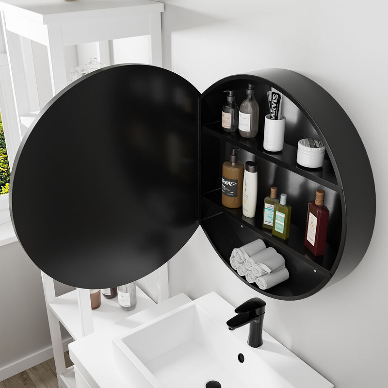24 Round Black Surface Mount Medicine Cabinet with Mirror