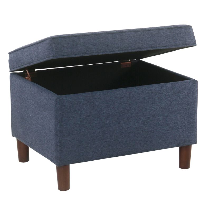 Fero Storage Ottoman, 24 Inch Rectangular Hinged Lid, Blue Upholstery