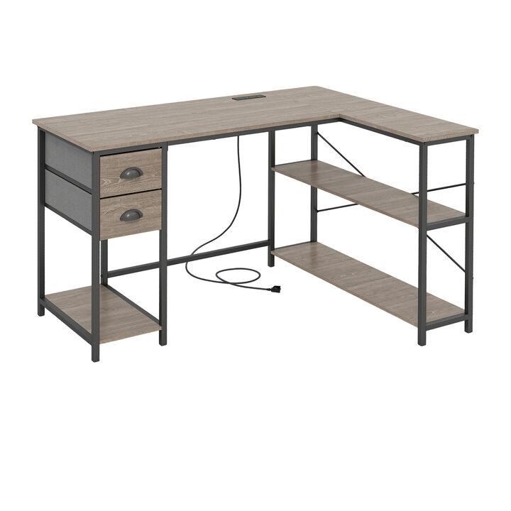 Corner L Shaped Computer Desk with Charging Station and Fabric Storage Drawers