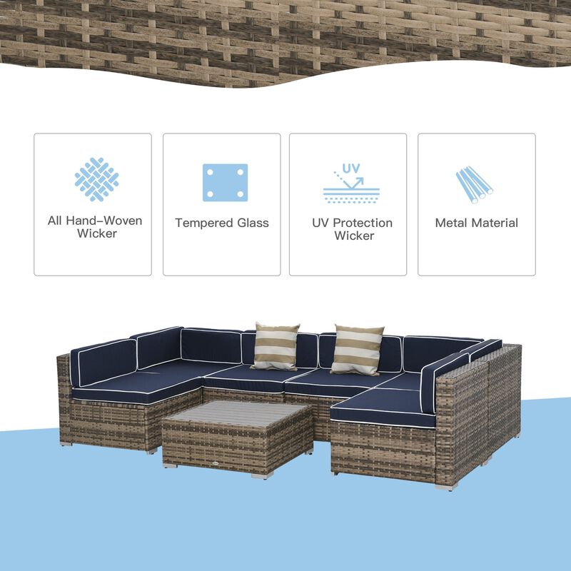 7-Piece Patio Furniture Sets Outdoor Wicker Conversation Sets PE Rattan Sectional sofa set with Cushions & Slat Plastic Wood Table, Blue image number 5