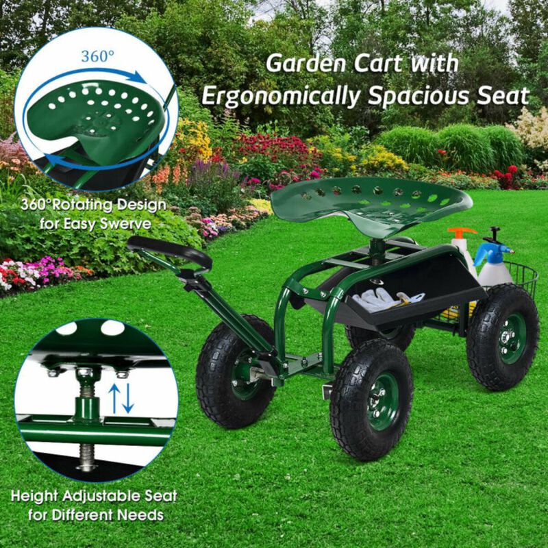Hivvago Heavy Duty Garden Cart with Tool Tray and 360 Swivel Seat
