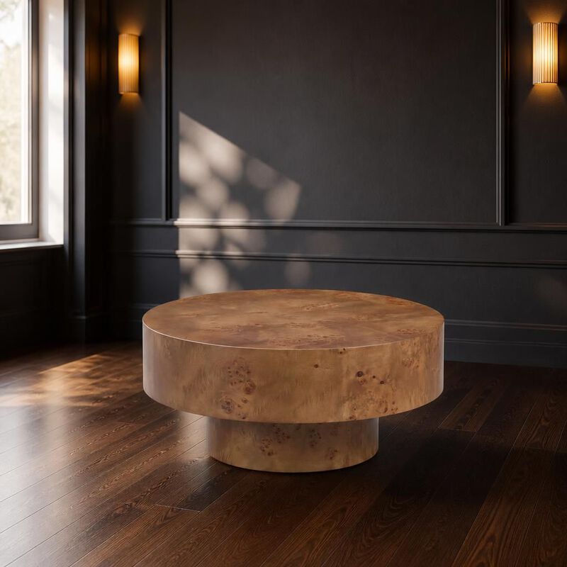 GOODSILO Round Mid-Century Modern Coffee Table with Burl Wood Veneer and Sturdy Pedestal for Small Living Spaces, Apartments and Home Offices image number 2