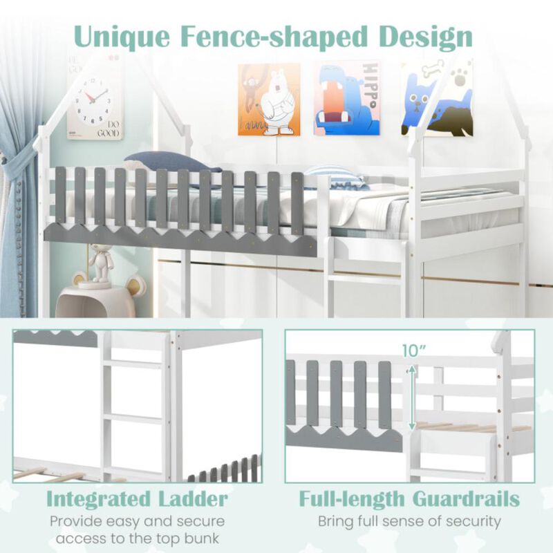 Hivvago Twin Over Twin Bunk Bed with Fence and Ladder for Kids