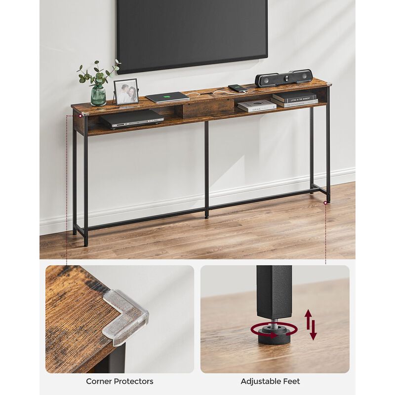Long Console Table with Charging Station &ndash; 70" Sofa Table with Power Outlets and 3-Tier Shelves for Decor and Devices