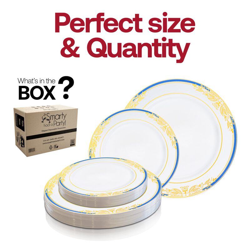 White with Blue and Gold Harmony Rim Plastic Dinnerware Value Set (40 Sets) image number 4
