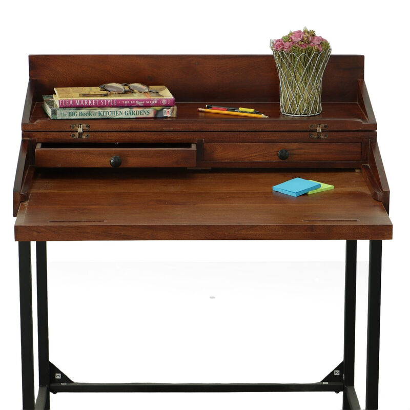 HomeRoots 31" Chestnut and Black Solid Wood and Iron Writing Desk With Two Drawers image number 4