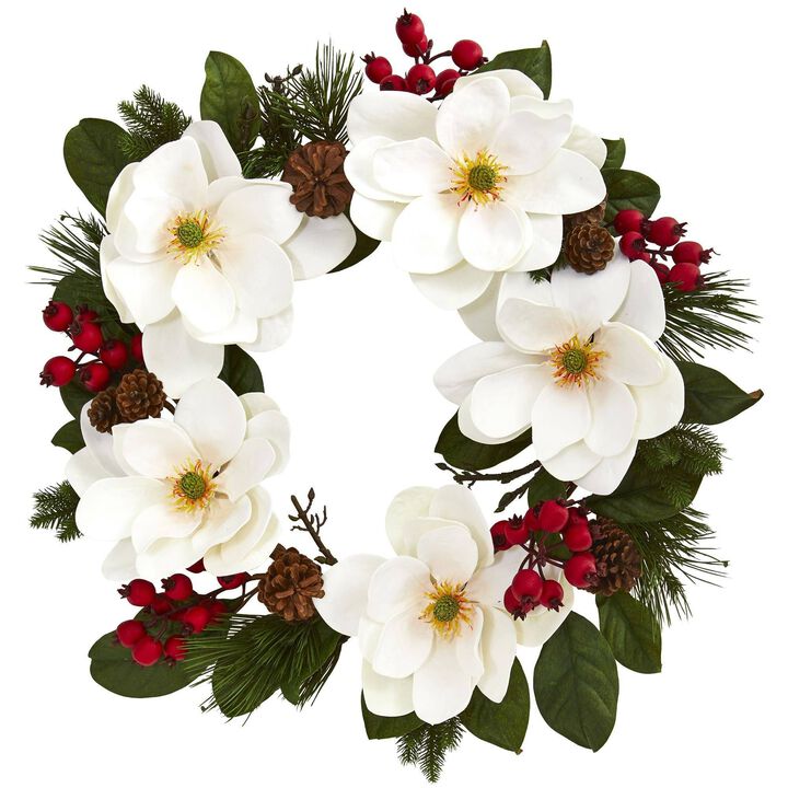Nearly Natural 26-in Magnolia, Pine and Berries Wreath