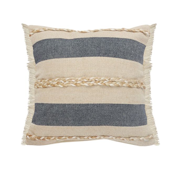 24" Blue and Tan Striped Square Throw Pillow with Jute Braiding