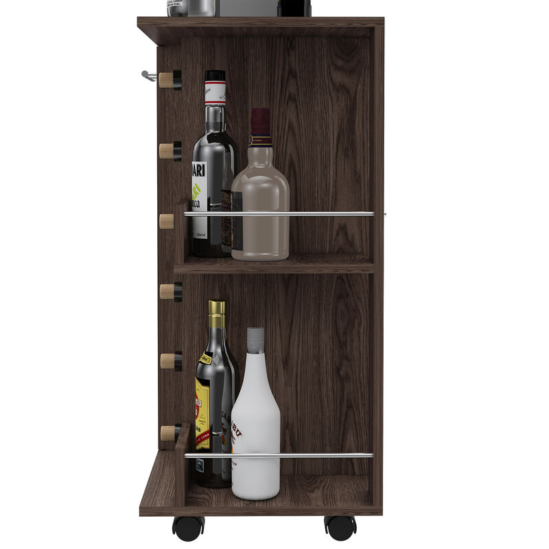 DEPOT E-SHOP Magda Bar Cart, Four Casters, Six Built-in Wine Rack, Single Door Cabinet, Two External Shelves, Dark Walnut