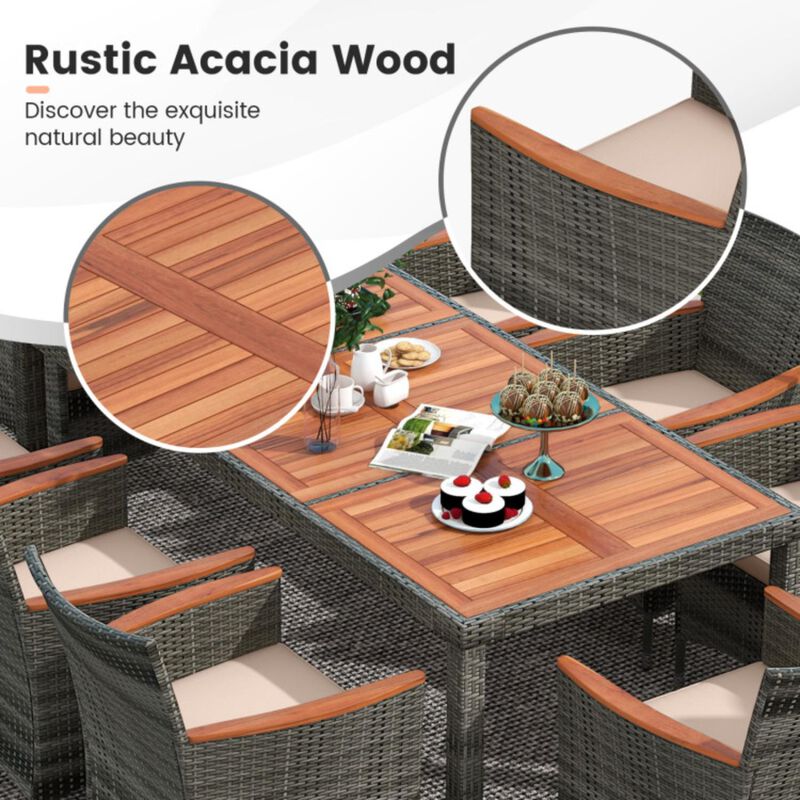 Hivvago 9 Pieces Rattan Patio Dining Set with Acacia Wood Table and Cushioned Chair