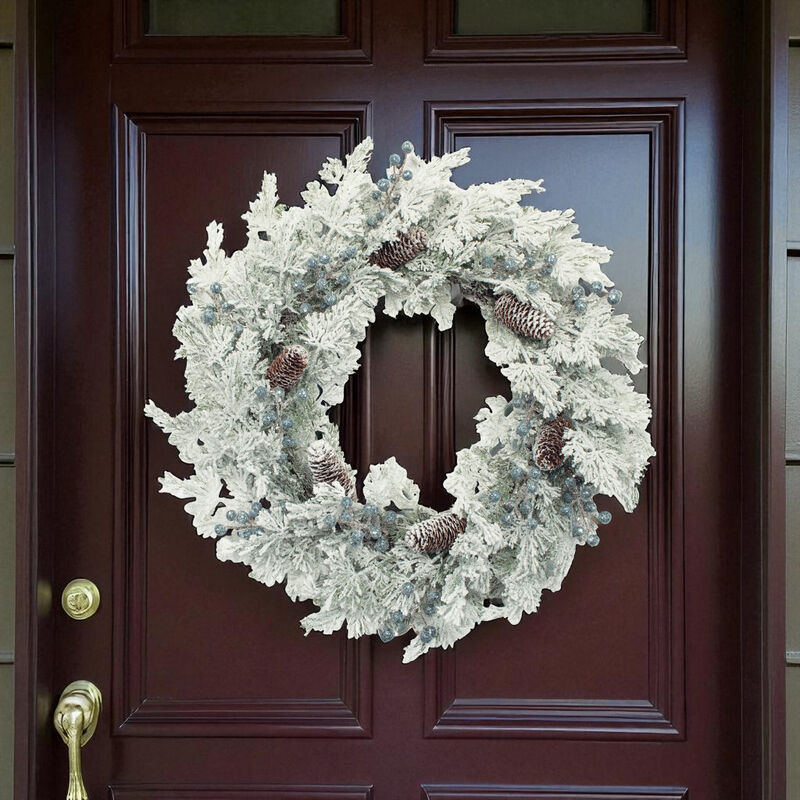 Snowy Pine and Cedar Wreath with Berries – Artificial Christmas Wreath for Mantel, Entryway, or Porch