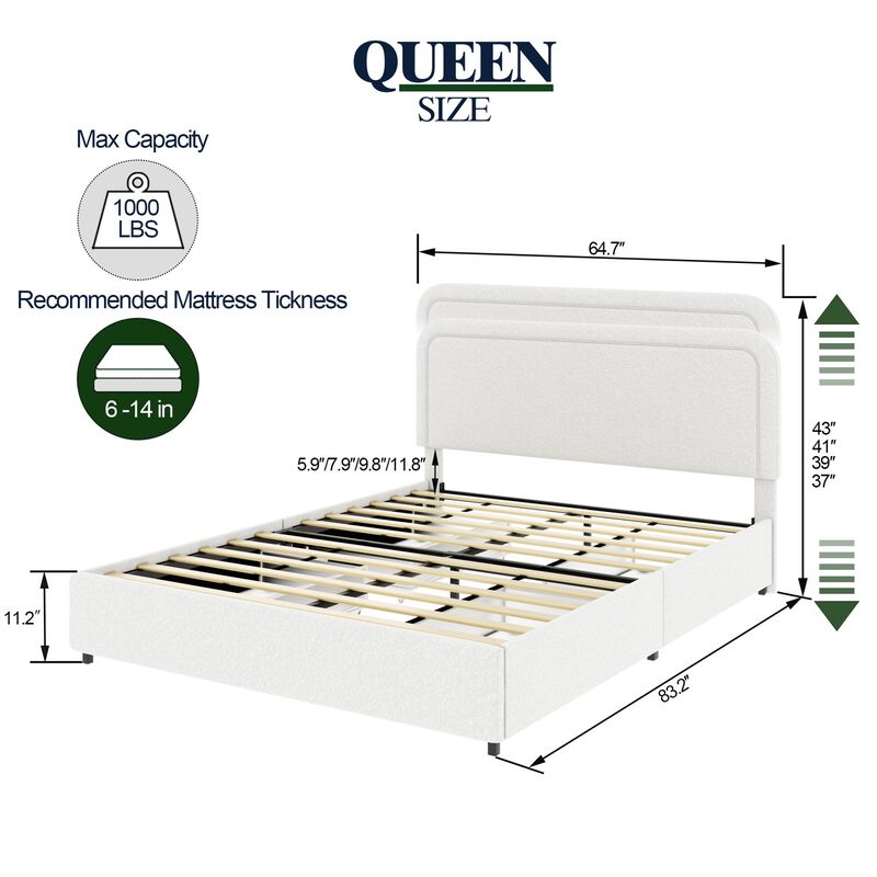 Queen Storage Bed with 4 Drawers, Ivory Boucle Upholstered Platform Bed, No Box Spring Needed image number 9