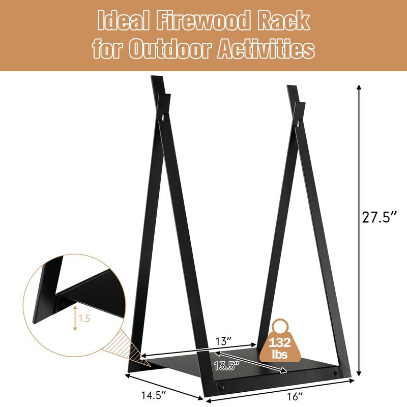Triangle Firewood Rack with Raised Base for Fireplace Fire Pit-Black