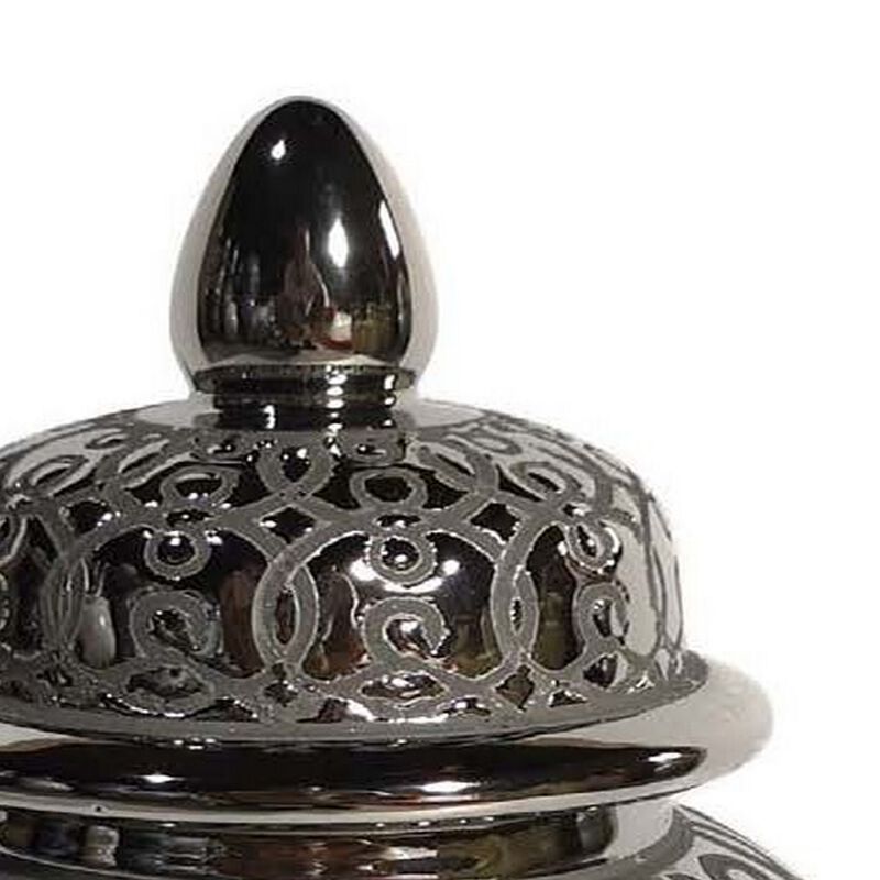 Deni 12 Inch Temple Jar with Lid, Decorative Floral Ceramic, Silver Finish - Benzara