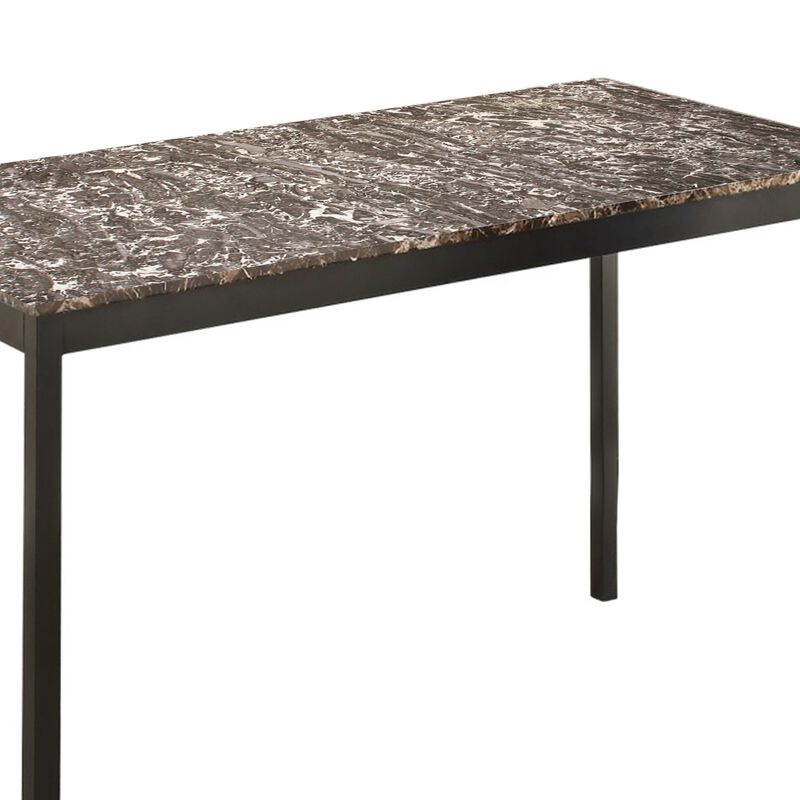 Faux Marble Writing Desk With Leatherette Upholstered Metal Chair, Black-Benzara