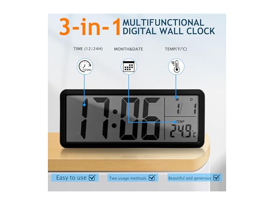 Digital Date Temperature LED Mount Wall Clock Battery Operated Living Room Decor