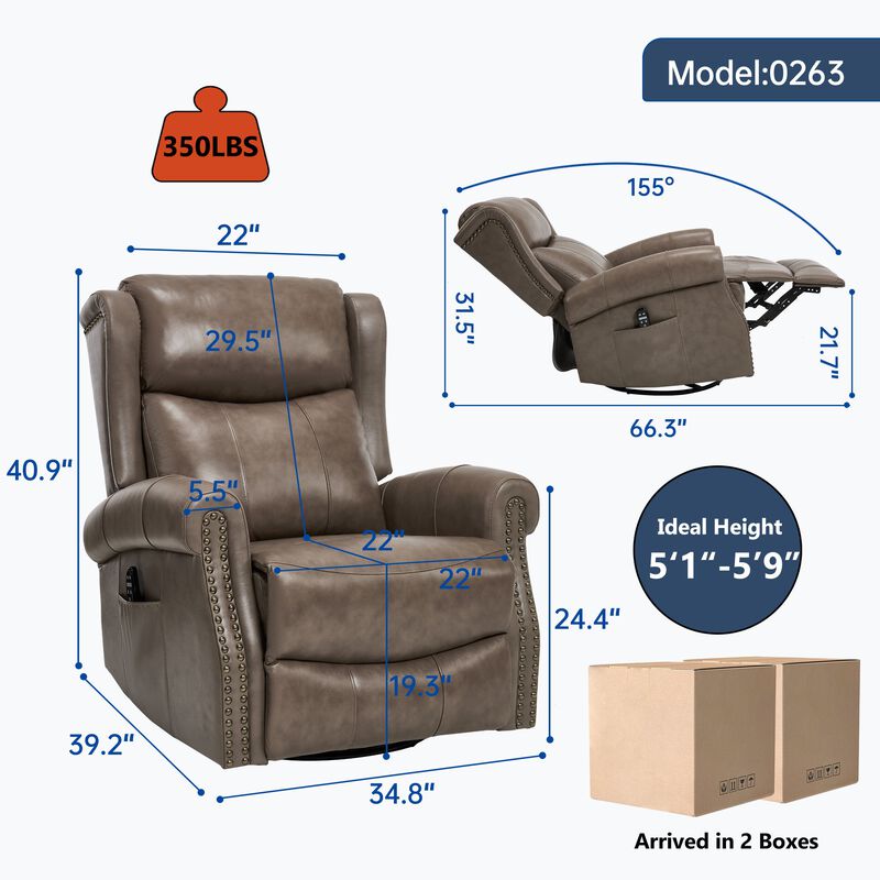 Genuine leather Heat Massage Manual Recliner Chair with Rocker and Swivel for Living Room image number 2