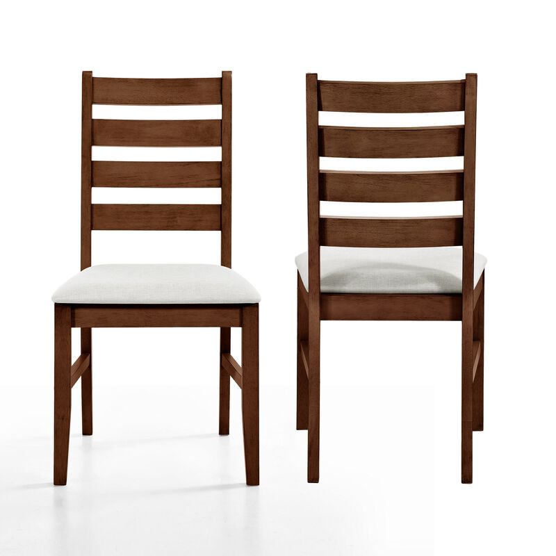 Accai Dining Chair Set of 2, Beige Polyester, Walnut Brown Rubberwood - Benzara