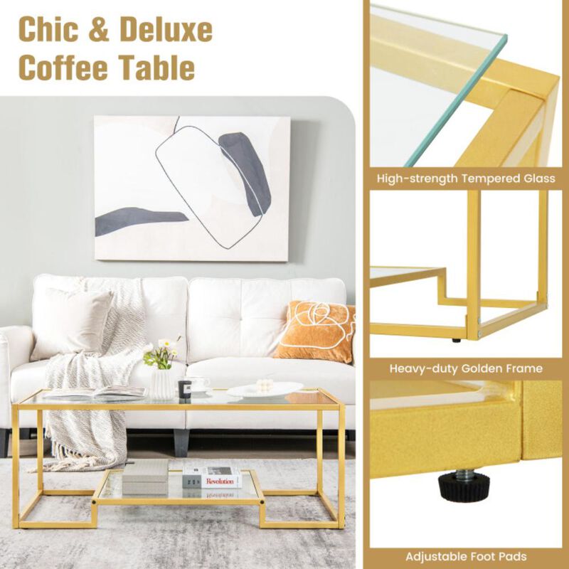 Hivvago Modern 2-Tier Rectangular Coffee Table with Glass Table Top
