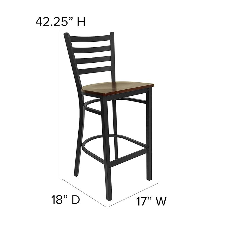 Flash Furniture HERCULES Series Black Ladder Back Metal Restaurant Barstool - Mahogany Wood Seat