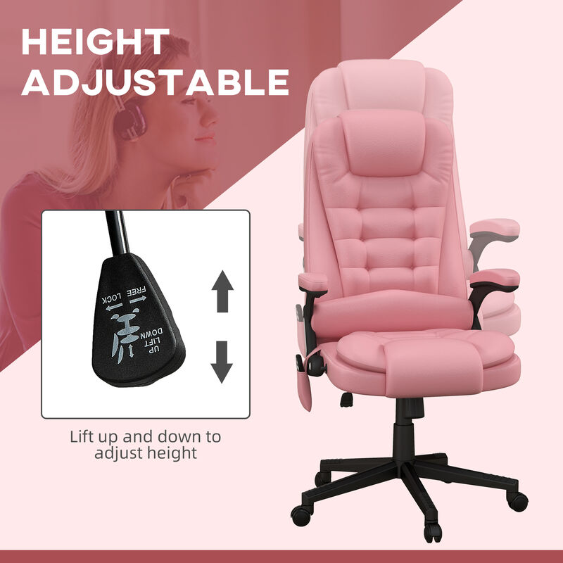 HOMCOM High Back Vibration Massage Office Chair with 6 Vibration Points, Heated Reclining PU Leather Computer Chair with Armrest and Remote, Pink
