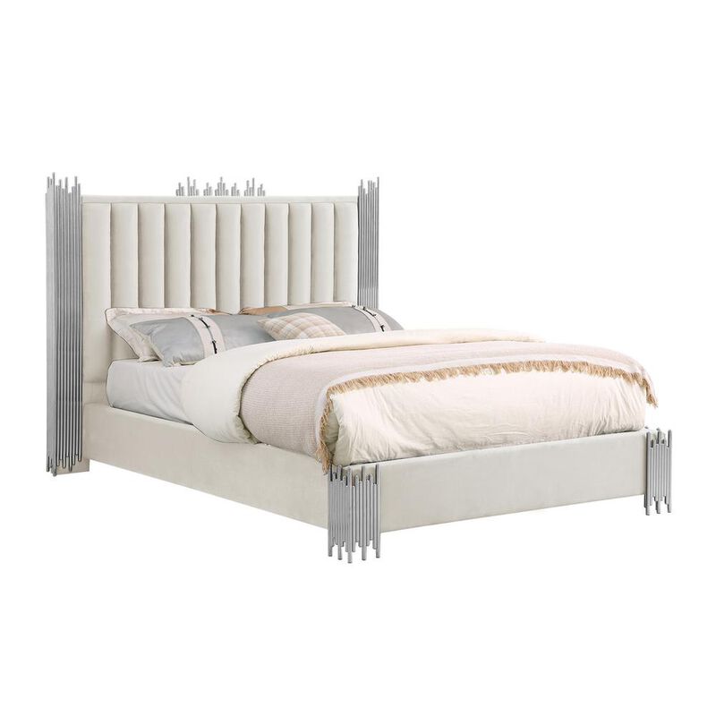 Best Quality Family Eastern King size Cream velvet bed with silver corners (Platform)