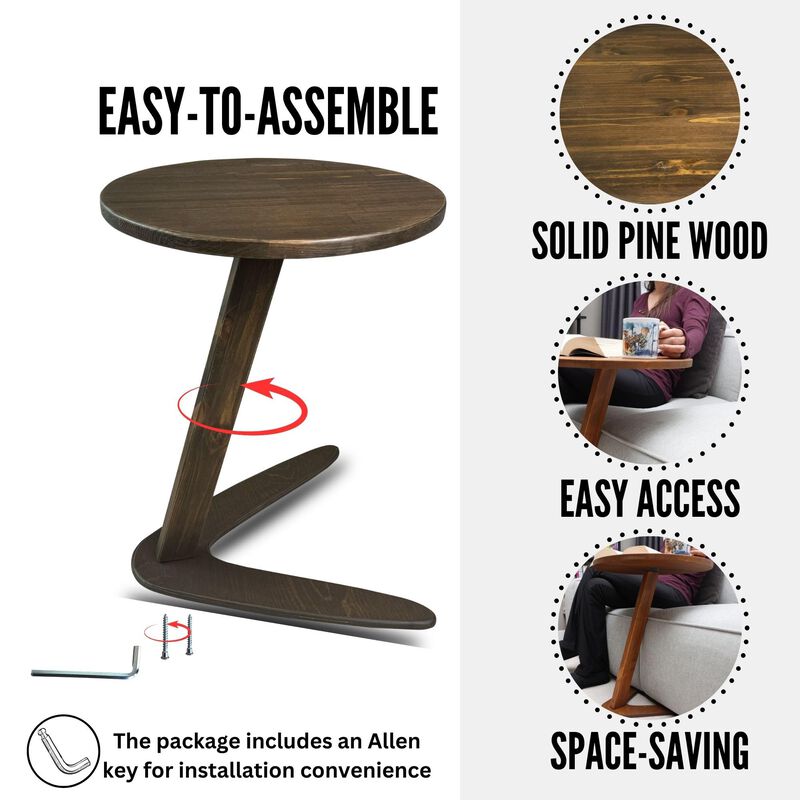 GENESIS WOODESIGN C-Shaped Handmade Solid Wood End Table, Side Table for Couches, Sofa Tables Slide Under Couch for Living Room,