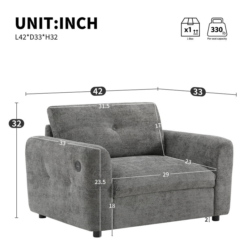 Whisen 42*33" Single Sofa, Armchair with Wide Seat, Dual-port Charger, Pull-line & Tufted Design, High-density Foam