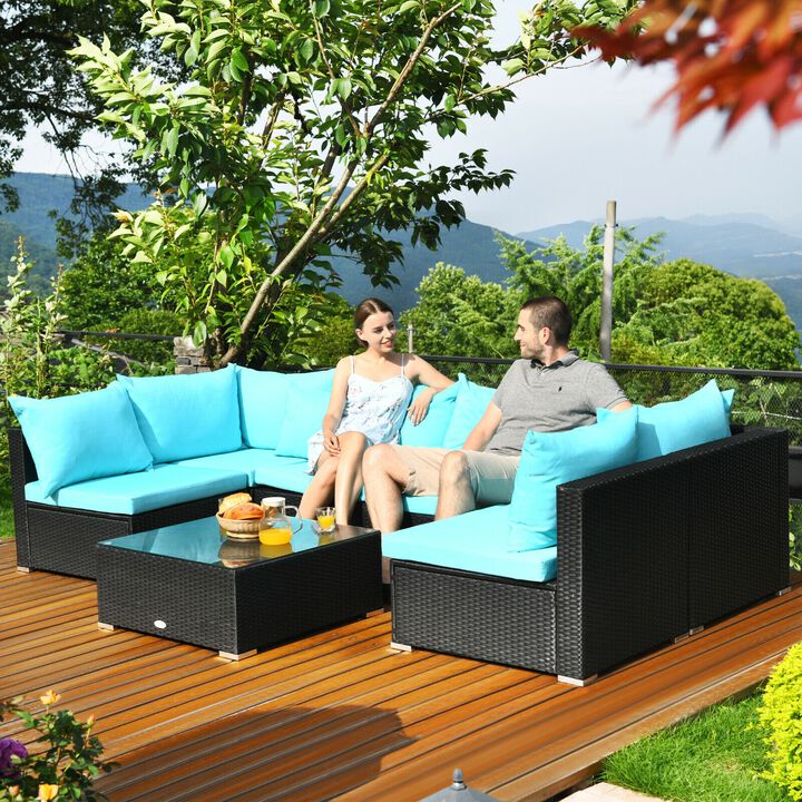 7-Piece Outdoor Sectional Wicker Patio Sofa Set with Tempered Glass Top