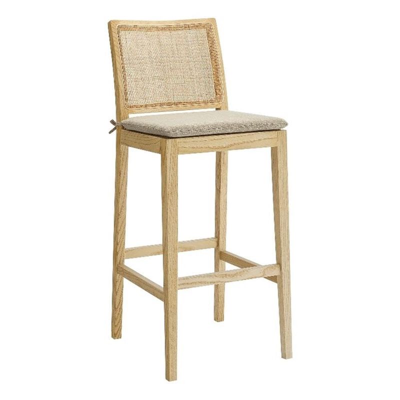 Modway Ovard Wood Bar Stool in Natural with Rattan Back &ndash; Natural Rattan Armless Bar Chair with Removable Padded Seat &ndash; Solid Wood and Fabric Bar-Height Stool image number 0