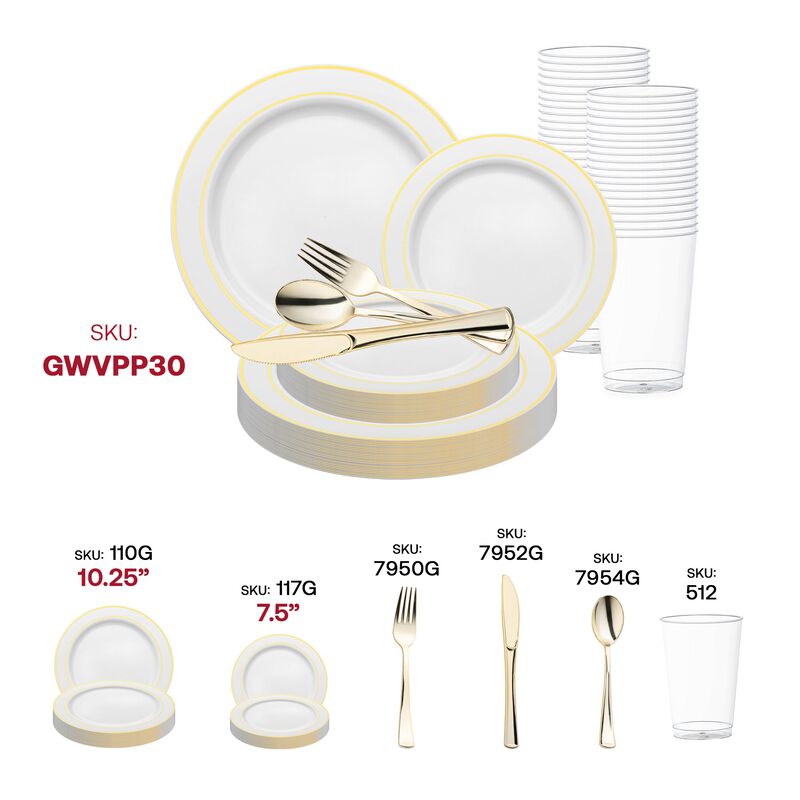 White with Gold Edge Rim Plastic Wedding Value Set (30 Sets) image number 5