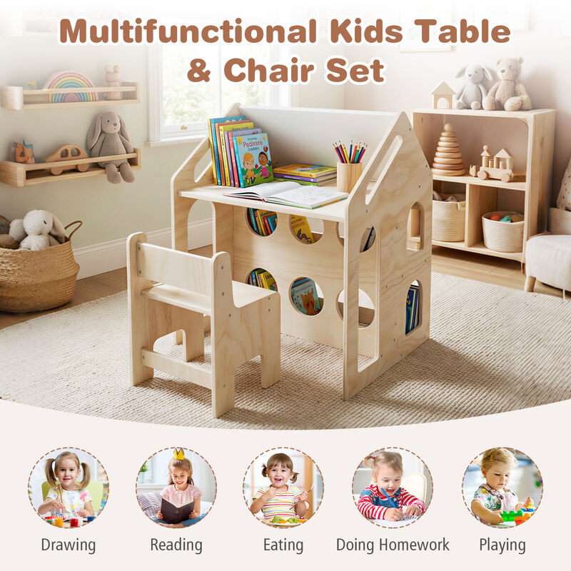 Children&rsquo;s House-Shaped Table and Chair Set, Wooden Activity Furniture-Natural image number 5