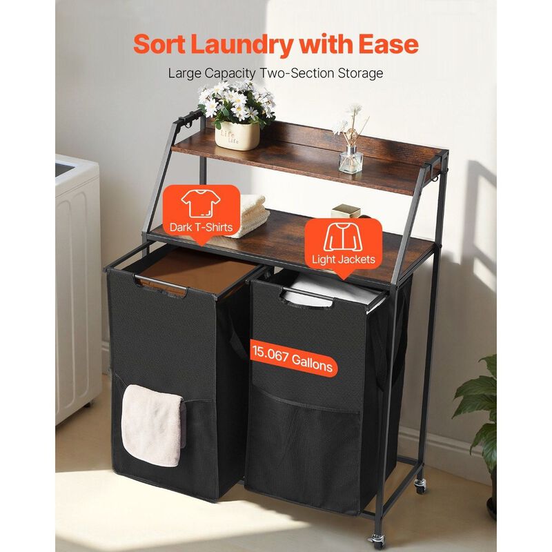 2 Section Rolling Laundry Sorter with Shelves, Oxford Cloth Bags and Wooden Top-Black image number 6