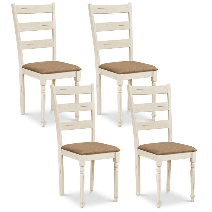 Wooden Dining Room Chairs Set of 4 with Linen Upholstered Seats and Slatted Backs-White